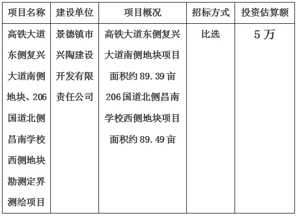 景德鎮(zhèn)市高鐵大道東側復興大道南側地塊、206國道北側昌南學校西側地塊勘測定界測繪項目計劃公告