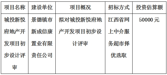 城投新悅府地產開發(fā)項目初步設計評審計劃公告