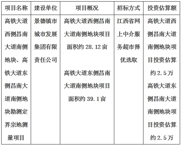 景德鎮(zhèn)市高鐵大道西側(cè)昌南大道南側(cè)地塊、高鐵大道東側(cè)昌南大道南側(cè)地塊勘測定界宗地測量項目計劃公告