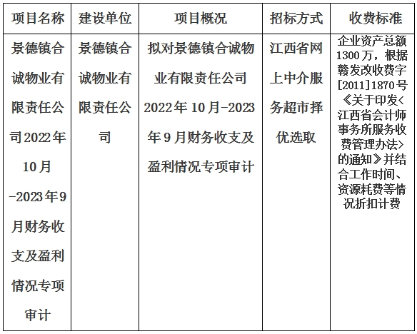 景德鎮(zhèn)合誠物業(yè)有限責(zé)任公司2022年10月-2023年9月財(cái)務(wù)收支及盈利情況專項(xiàng)審計(jì)的計(jì)劃公告