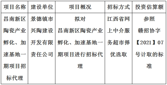 昌南新區(qū)陶瓷產(chǎn)業(yè)孵化、加速基地一期項(xiàng)目招標(biāo)代理計(jì)劃公告