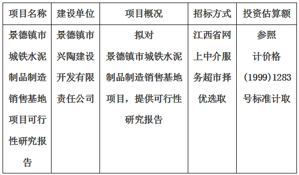 景德鎮(zhèn)市城鐵水泥制品制造銷售基地項目可行性研究報告計劃公告