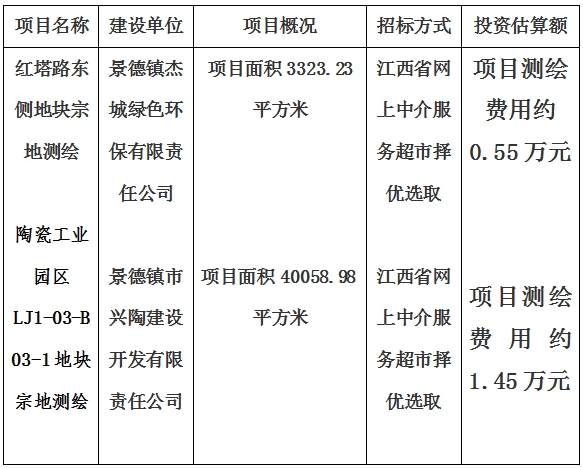 景德鎮(zhèn)市紅塔路東側(cè)地塊宗地測繪項目及陶瓷工業(yè)園區(qū)LJ1-03-B03-1地塊宗地測繪項目計劃公告