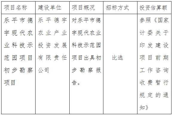 樂平德宇公司現(xiàn)代農(nóng)業(yè)科技示范園項(xiàng)目初步勘察項(xiàng)目計(jì)劃公告